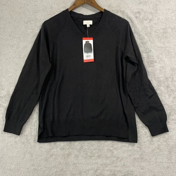 NEW Lucky Brand Womens M V-Neck Sweater Jet Black Cotton Lightweight - Picture 2 of 8